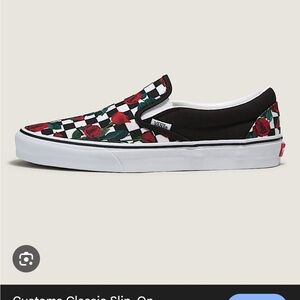 Vans Black and White Rose Checker Slip-Ons